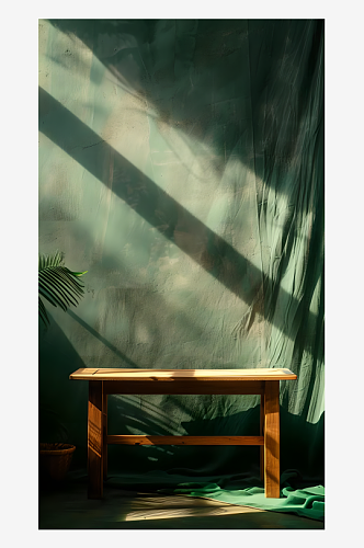 极简舞台风格在绿色布料背景上放着木质桌子