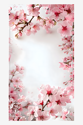中央是空白的相框周围落英缤纷的粉色樱花
