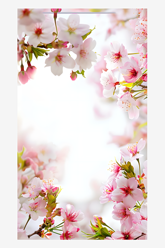 中央是空白的相框周围落英缤纷的粉色樱花
