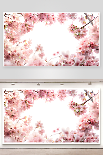 空白的相框周围落英缤纷的粉色樱花