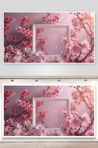 空白的相框周围落英缤纷的粉色樱花