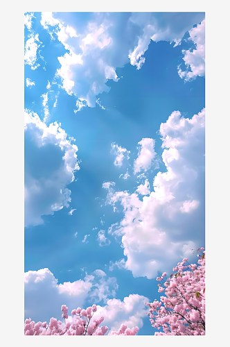 在蔚蓝天空和洁白云彩的映衬下粉色樱花绽放