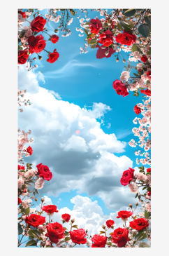 蓝天白云飘动一簇绽放的玫瑰红樱花壁纸背景