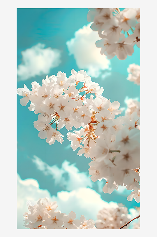 蔚蓝的天空和洁白的云彩下盛开着白色的樱花