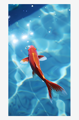俯视水池中红色锦鲤如飘逸仙子般在水中徜徉