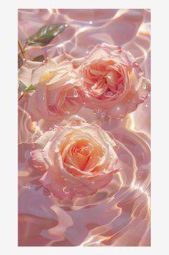 在梦幻的图案风格中展示了玫瑰和水