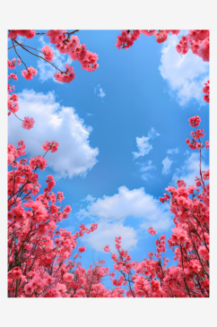 蓝天白云下的红樱花，中心大面积留白