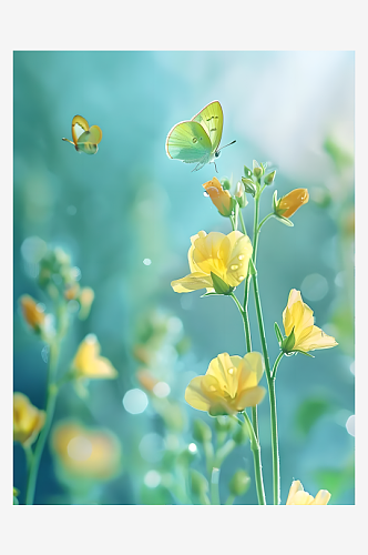 油菜花，蝴蝶翩翩飞舞，亮绿色和黄色花朵