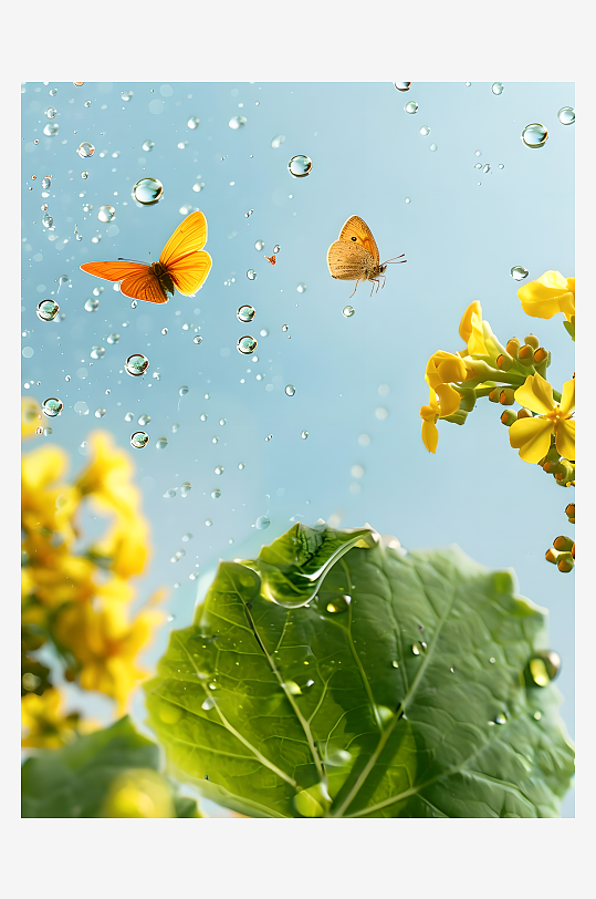 油菜花，蝴蝶翩翩飞舞，亮绿色和黄色花朵