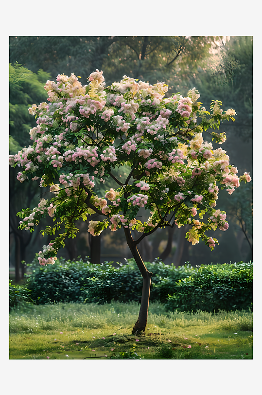 画面中是宋代宫殿花园中生长的一棵海棠树