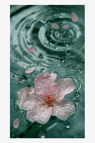 粉色桃花在浅绿色晶莹的水面上飘落