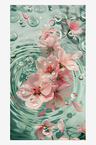 粉色桃花在浅绿色晶莹的水面上飘落