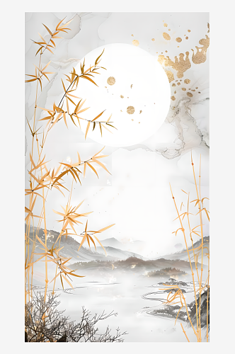 白色的空白雾面玻璃质感以月亮和竹林为主题