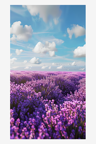 一片紫薰衣草花海有蓝天白云