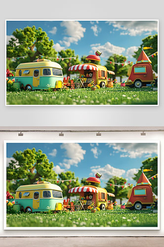 绿草地上利用拖车和车辆做广告可爱卡通设计