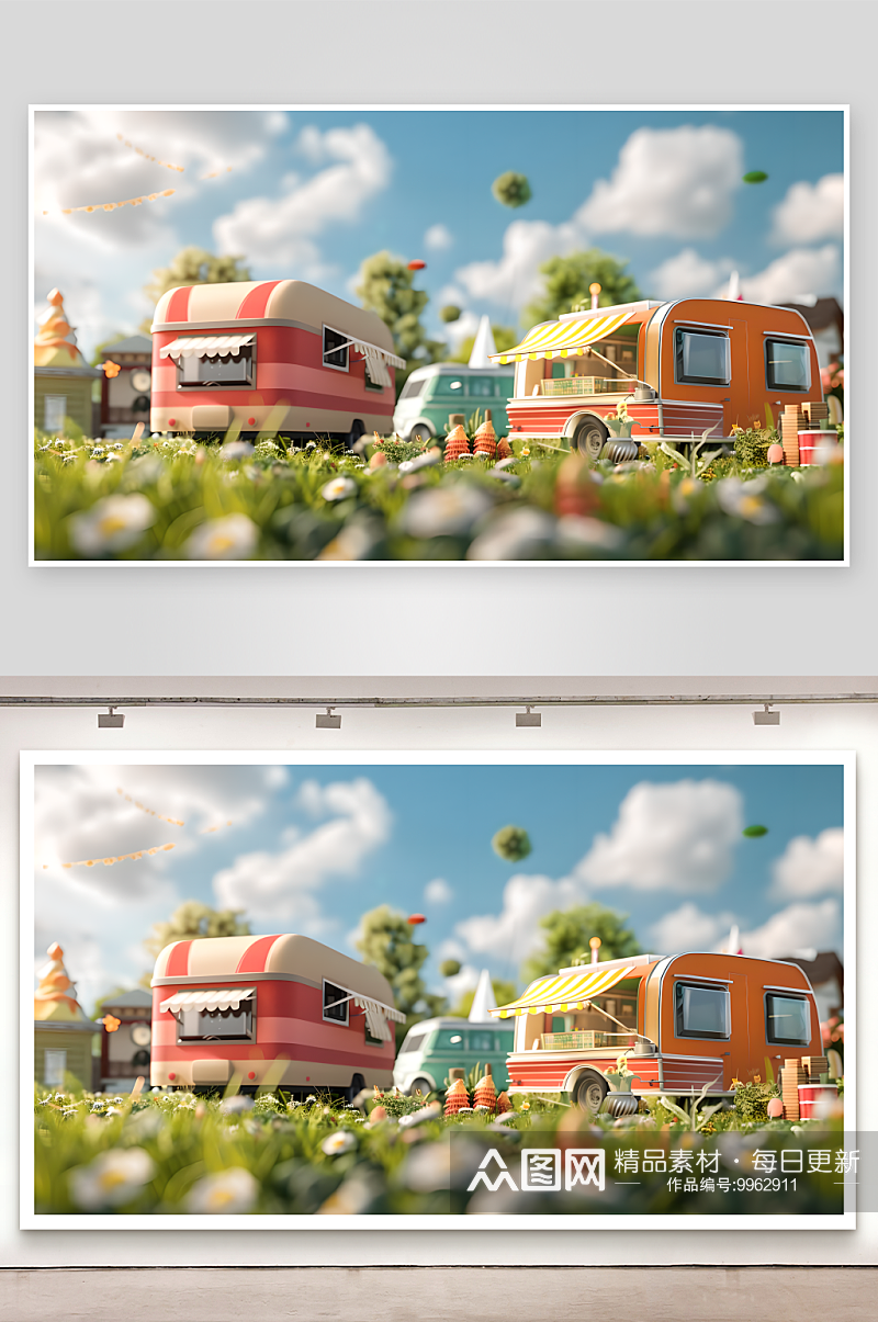 绿草地上利用拖车和车辆做广告可爱卡通设计素材