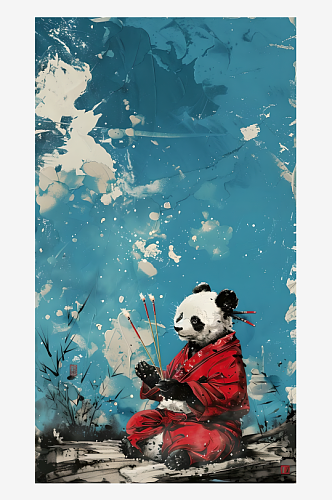一只熊猫身穿红色衣服手持三支香