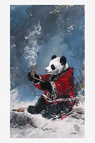 一只熊猫身穿红色衣服手持三支香