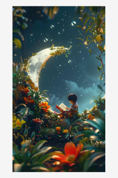 在月球上坐着的孩子们正在阅读书籍