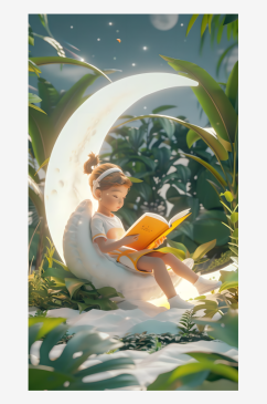 在月球上坐着的孩子们正在阅读书籍