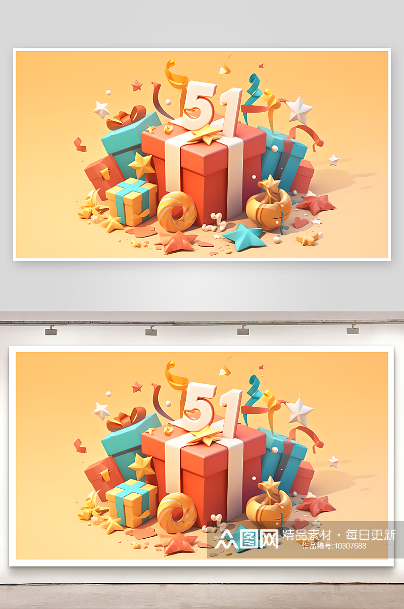 3D文字51在礼盒上通3d图标素材