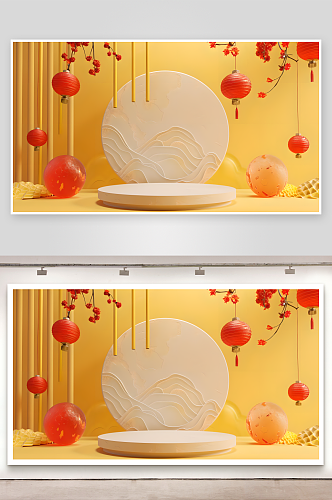 淡黄色背景上圆形讲台装饰着中国新年元素