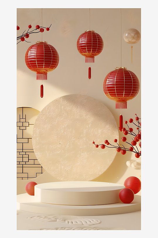 淡黄色背景上圆形讲台装饰着中国新年元素