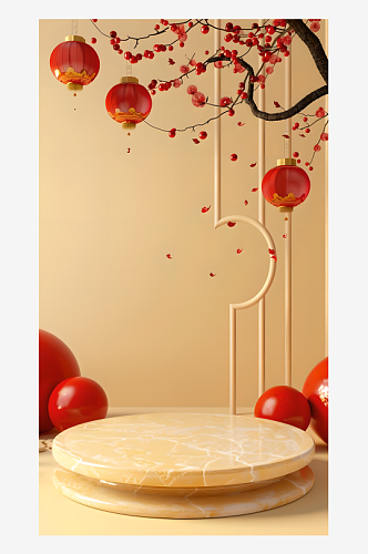 淡黄色背景上圆形讲台装饰中国新年元素