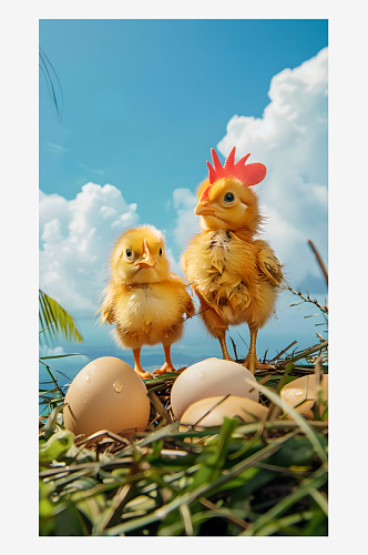 两只黄色小鸡头顶红色小鸡冠一堆鸡蛋