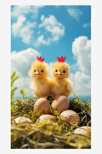 两只黄色小鸡头顶红色小鸡冠一堆鸡蛋