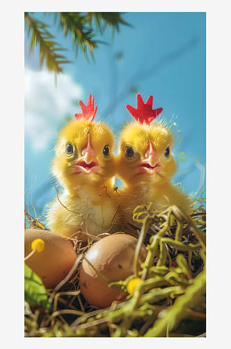 两只黄色小鸡头顶红色小鸡冠和一堆鸡蛋