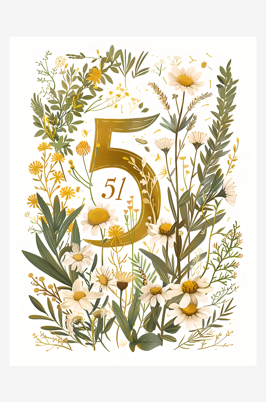 画有手绘数字51周围点缀着各种香草和鲜花