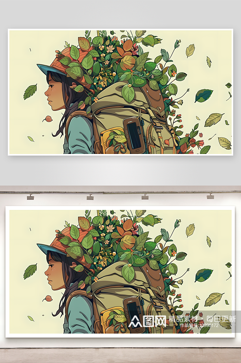 一名女背包客背负着背包背包上满是叶子和花素材