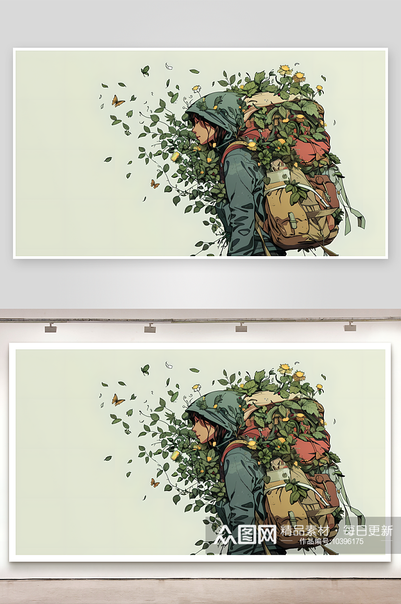 一名女背包客背负着背包背包上满是叶子和花素材