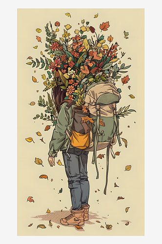 一名女背包客背负着背包背包上满是叶子和花