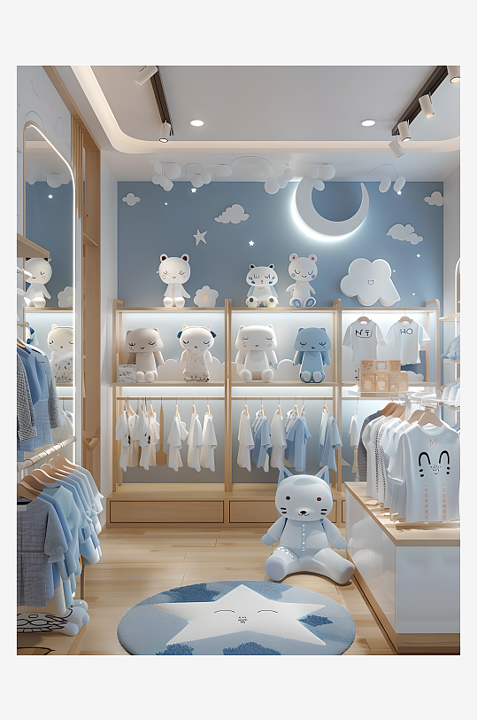 白色和蓝色调时装店的室内设计