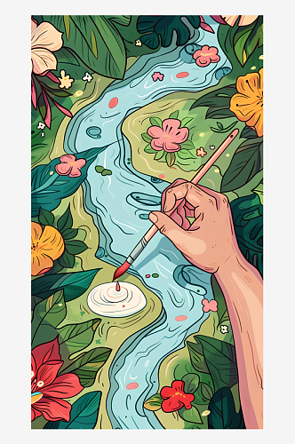 一只手拿着画家的画笔在春天河边绘画