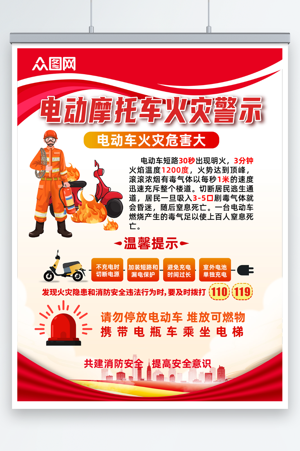 简约电动车火灾防火警示海报素材