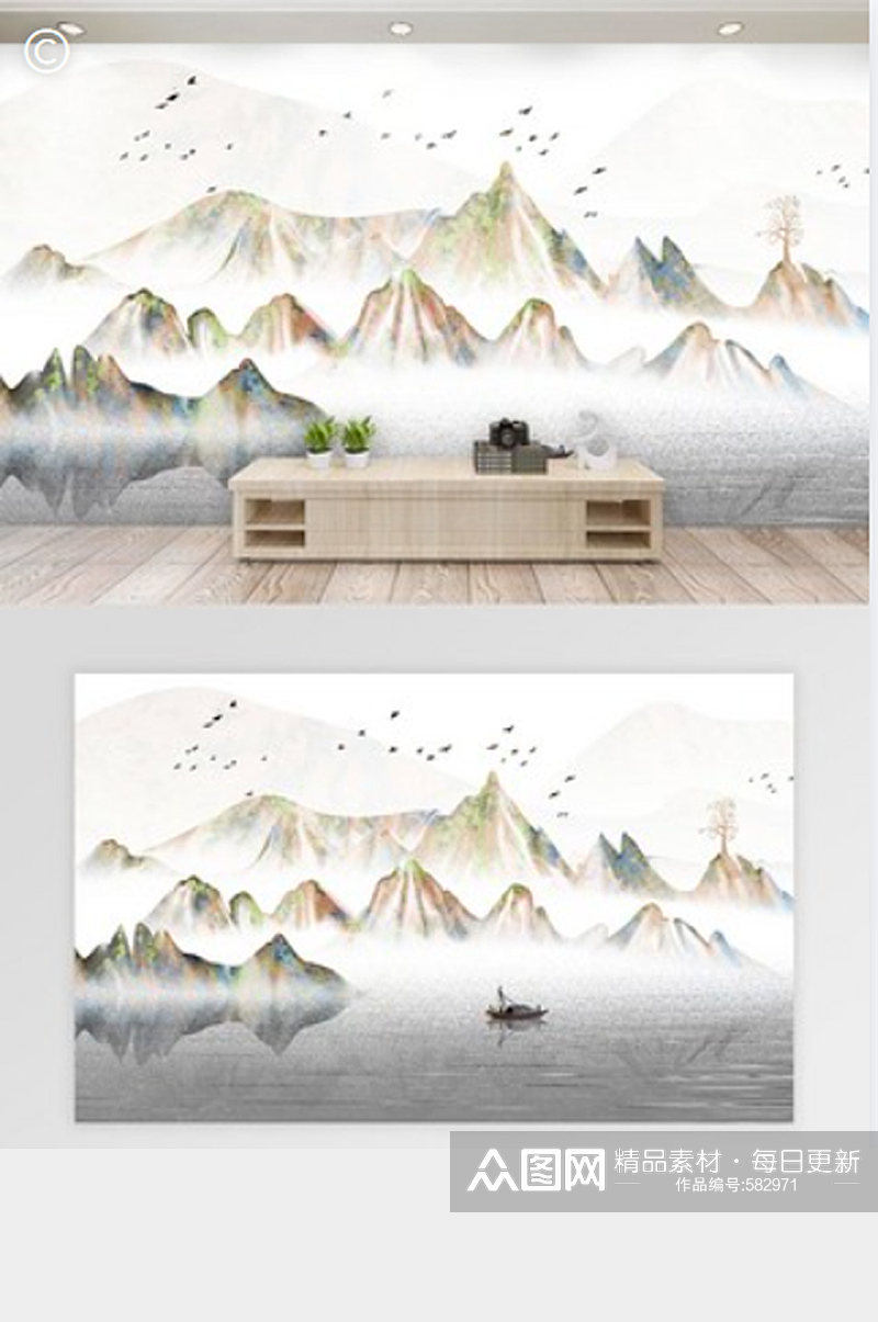 中国风山水水墨背景墙素材