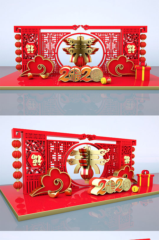 C4D喜庆中国风新春食堂新年美陈设计布置