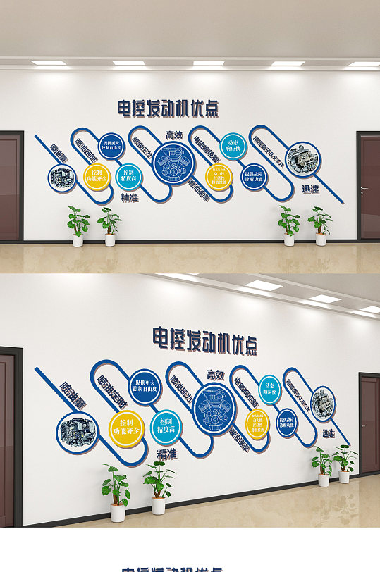 蓝色大气企业产品特点介绍文化墙设计图