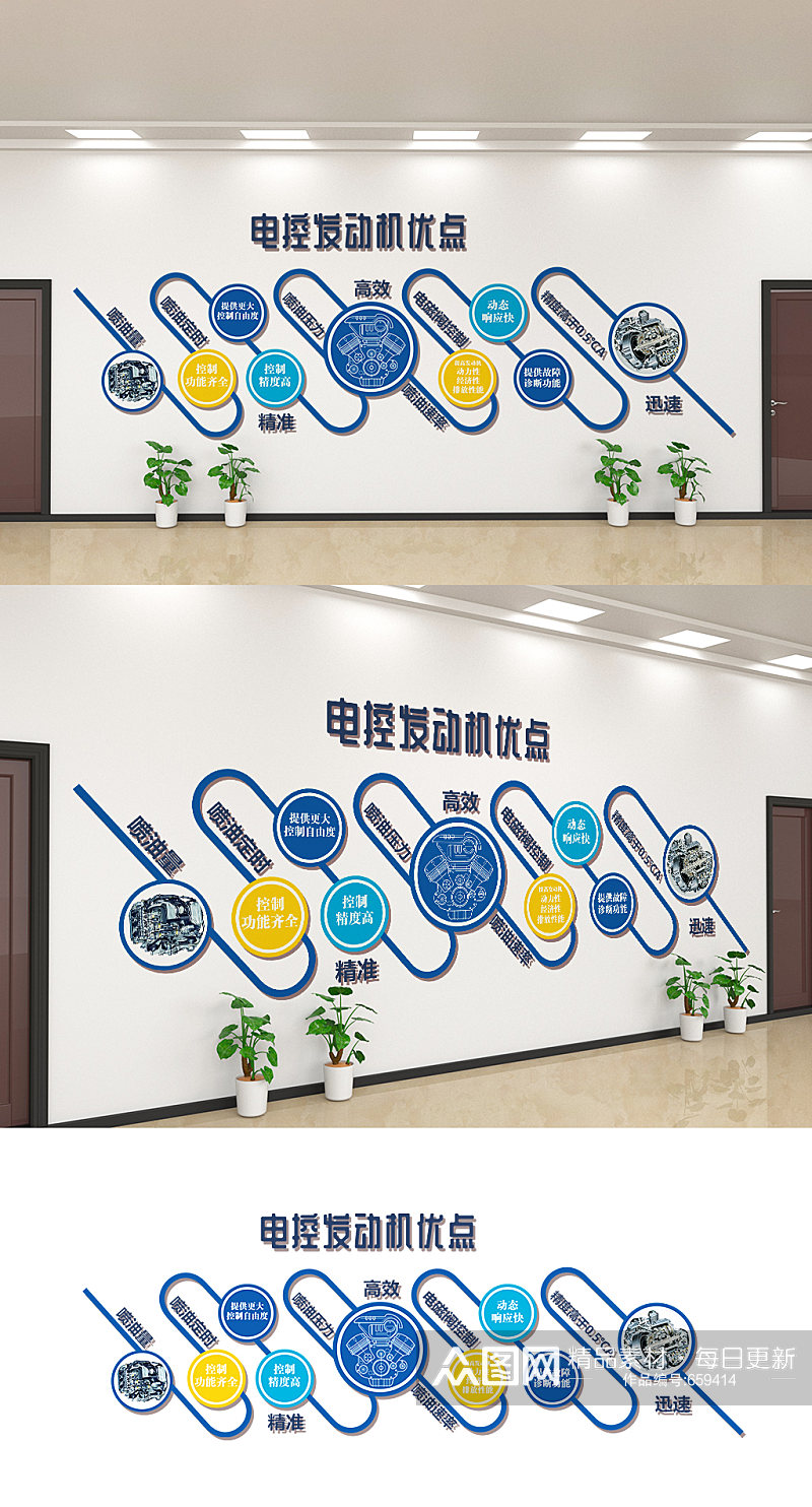 蓝色大气企业产品特点介绍文化墙设计图素材
