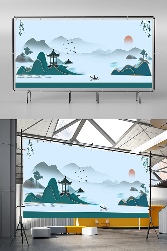 國(guó)潮新中式鎏金背景燙金仙鶴山水展架