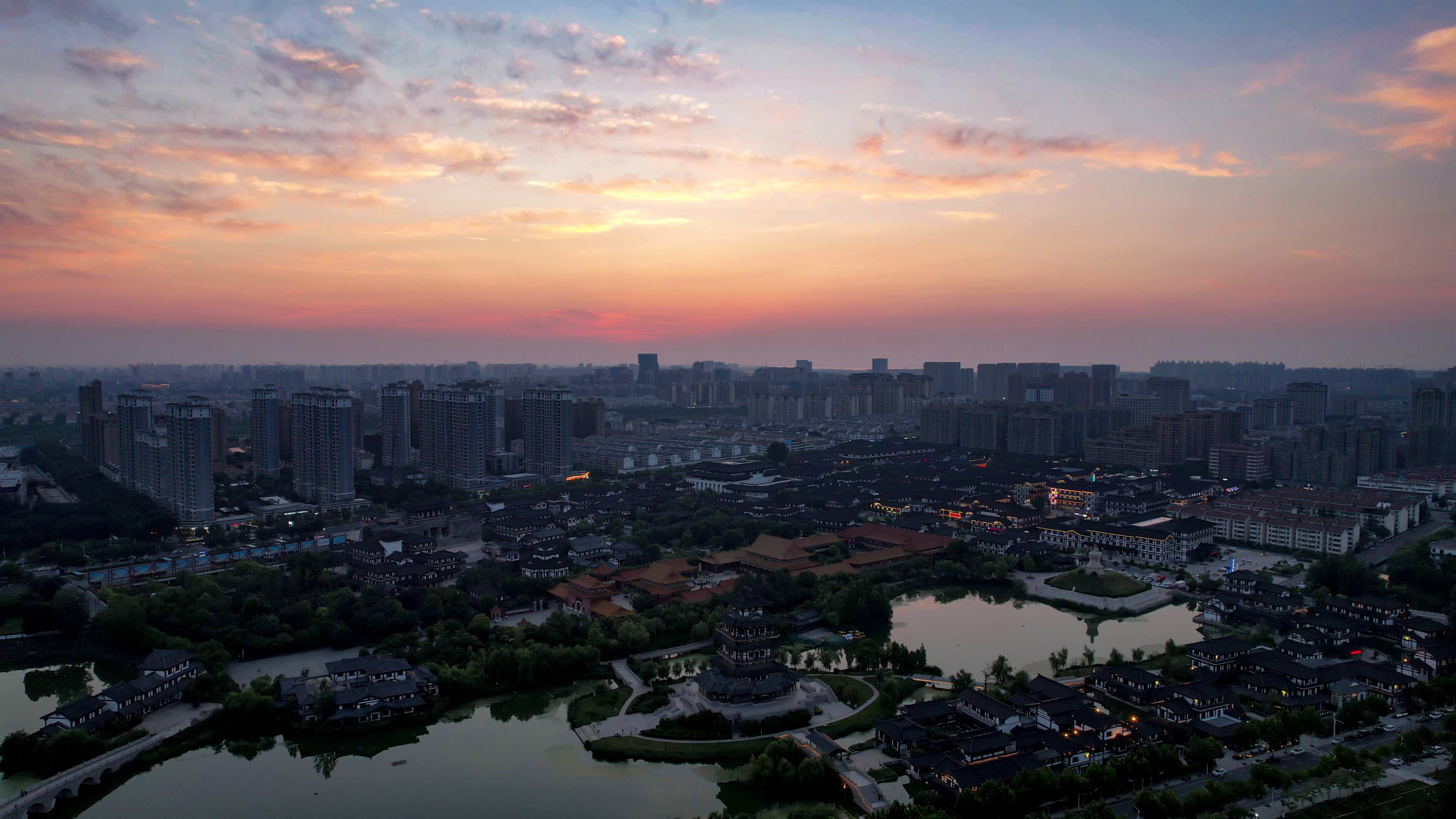 宿迁城市日落晚霞夕阳西下航拍素材