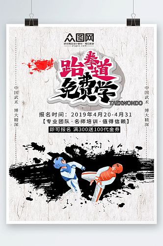 中国风水墨画柔道武术跆拳道海报