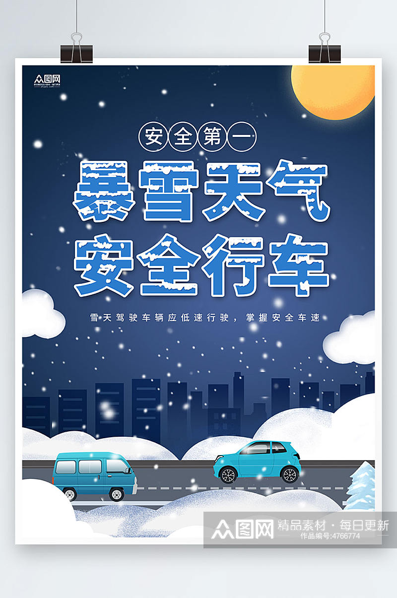 暴雪天气路滑暴雪路滑注意安全提示牌海报素材