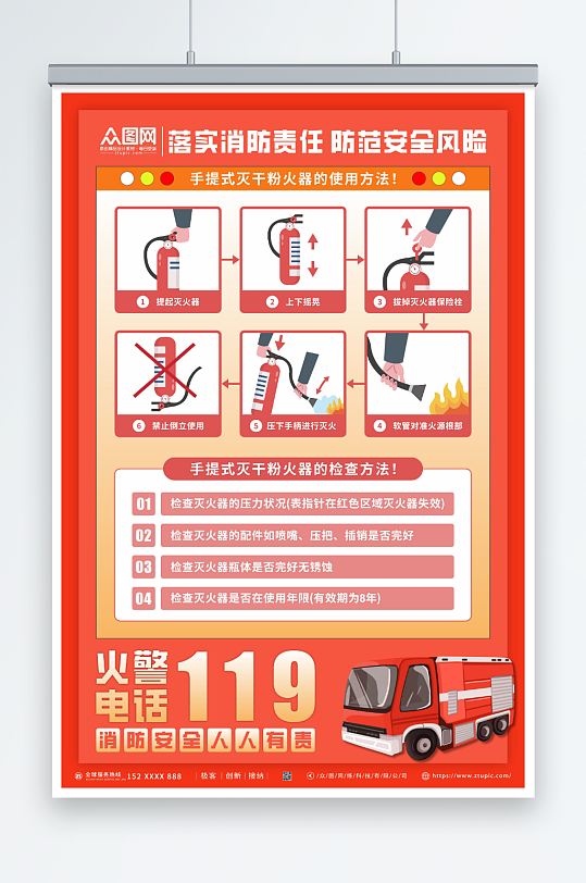 安全防范消防灭火器使用步骤方法海报