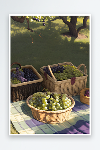 布满葡萄藤的野餐绿葡萄的欢乐时光