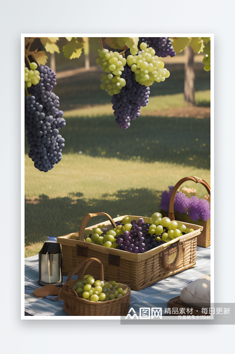 布满葡萄藤的野餐绿葡萄的欢乐时光素材