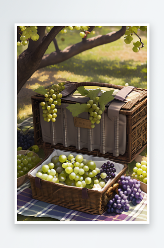 布满葡萄藤的野餐绿葡萄的欢乐时光